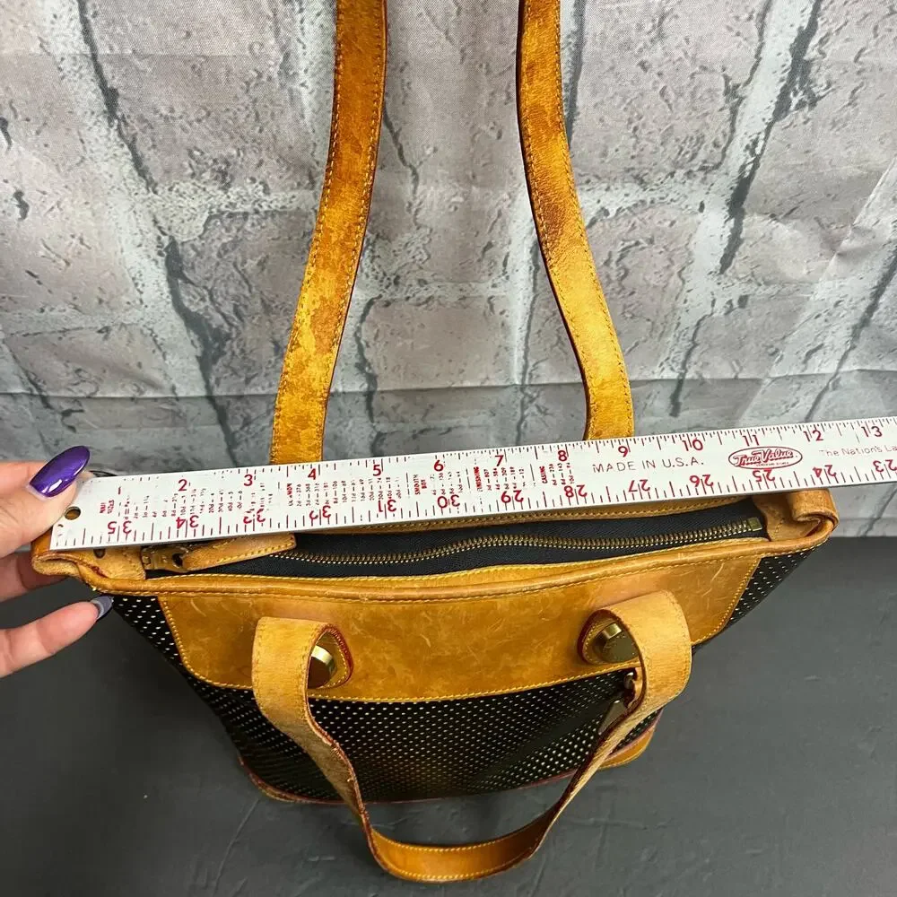 Vintage Dooney & Bourke Bag Vintage Cabrio Perforated Leather Black Tan Tote M - Picture 9 of 16